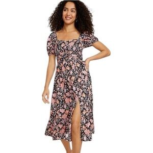 NEW Floral Sweetheart Neck Dark Cottagecore Puff Sleeve Front Slit Midi Dress XS